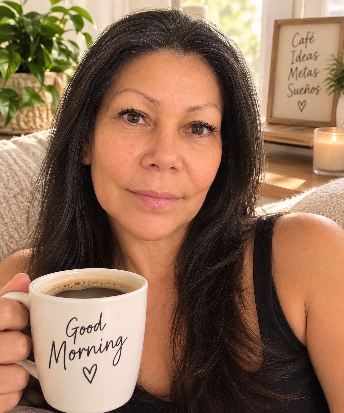 Shirley disfrutando su café de la mañana