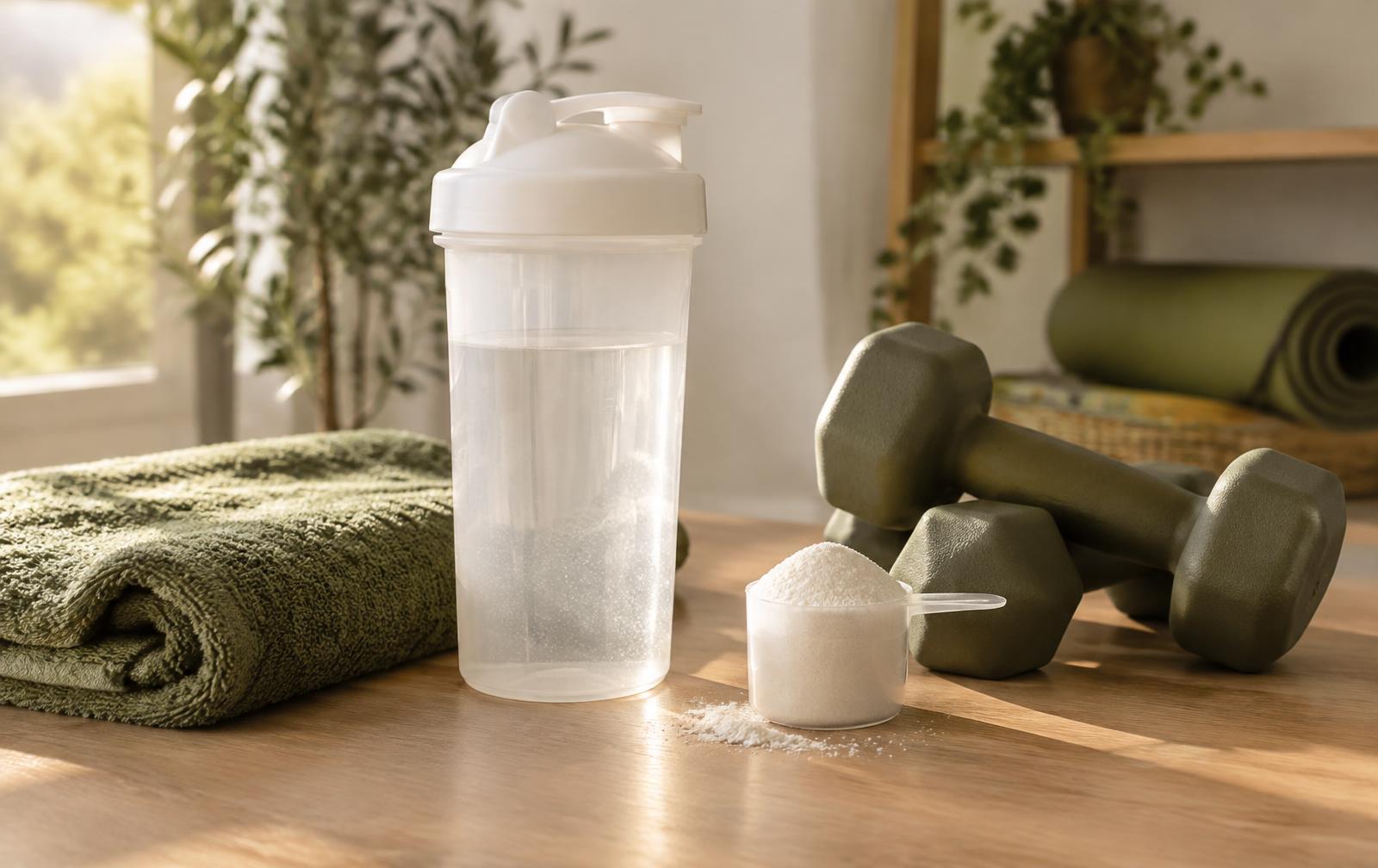 Vaso mezclador con agua, medida de creatina en polvo, mancuernas y toalla verde sobre una mesa de madera