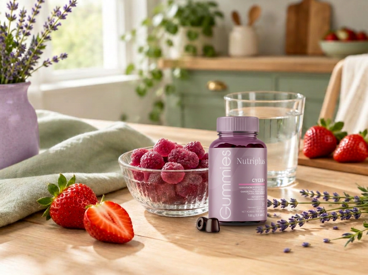 Botella real de Gomitas Cycle+ Nutriplus junto a gomitas, fresas y lavanda fresca