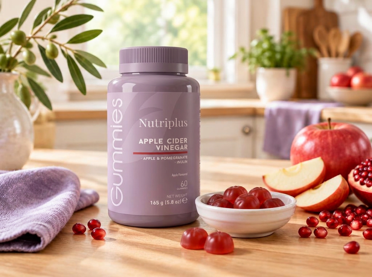 Botella real de Gomitas de Vinagre de Manzana Nutriplus junto a gomitas, manzana y granada frescas