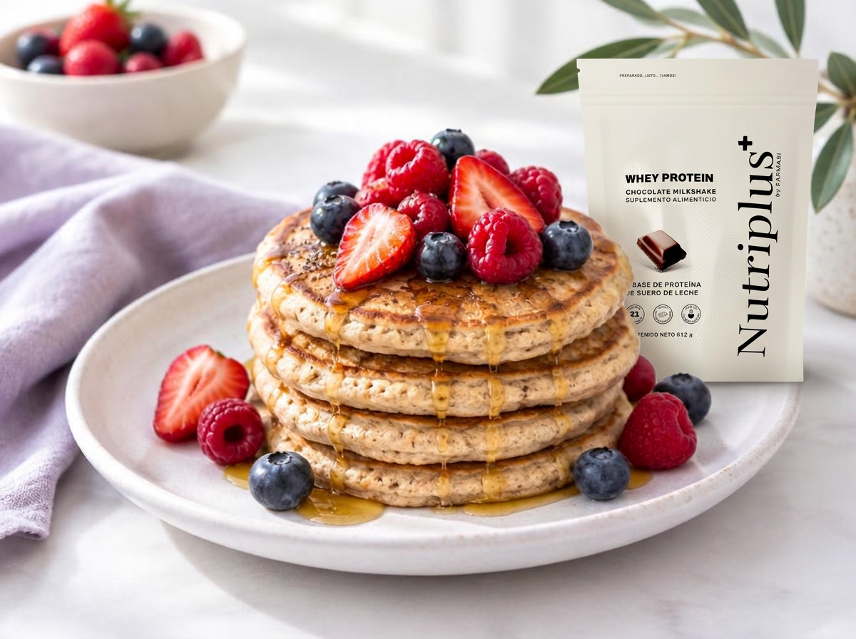 Torre de pancakes con frutos rojos y miel junto al empaque de Whey Protein Nutriplus