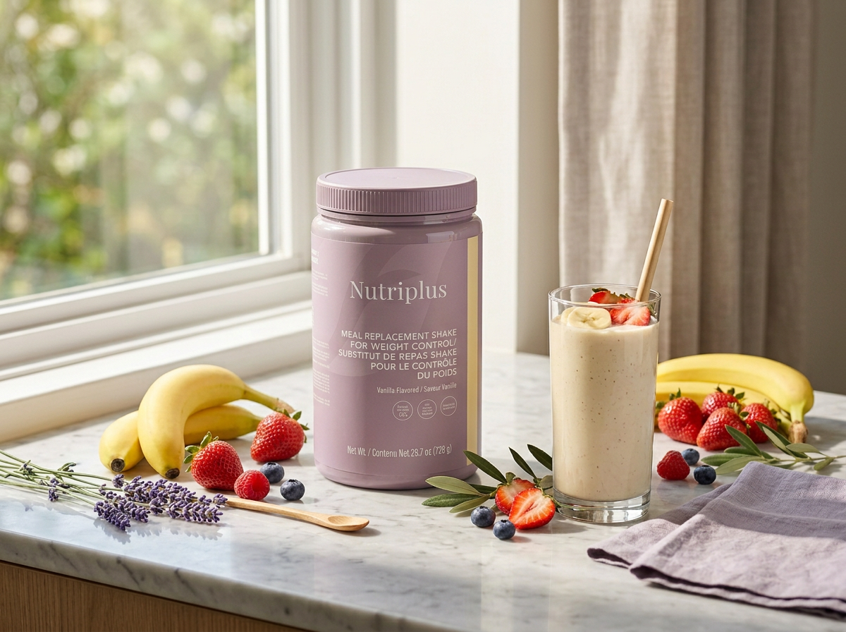 Bote oficial de Shake Nutriplus vainilla junto a un batido cremoso con fresas y banano